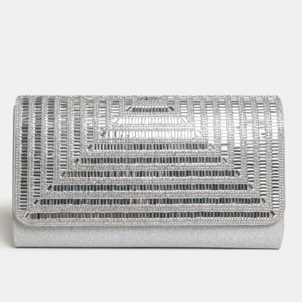 Melanie Lyne Silver Crystal Clutch Bag with silvertone chain glitter wedding